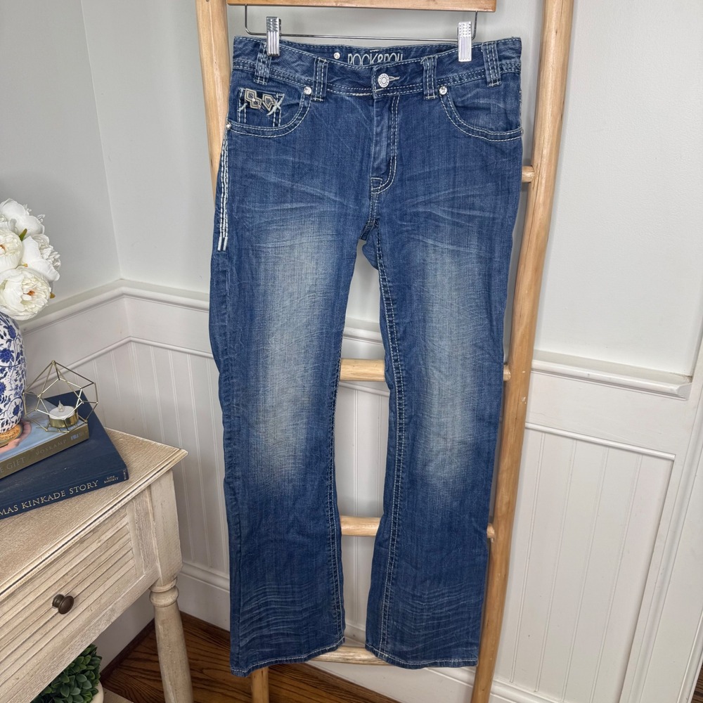 Rock and Roll Cowgirl Mid Rise Bootcut Jeans 29x34 Medium Wash Embroidered